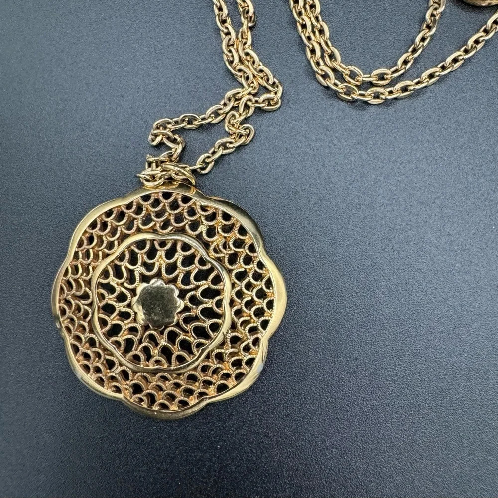 Vintage Multilayer Intricate Gold Tone Necklace with Large Pendant - Picture 6 of 16